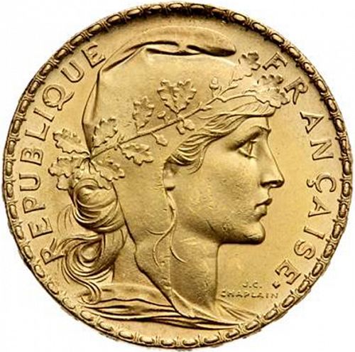 20 Francs Obverse Image minted in FRANCE in 1906 (1871-1940 - Third Republic)  - The Coin Database