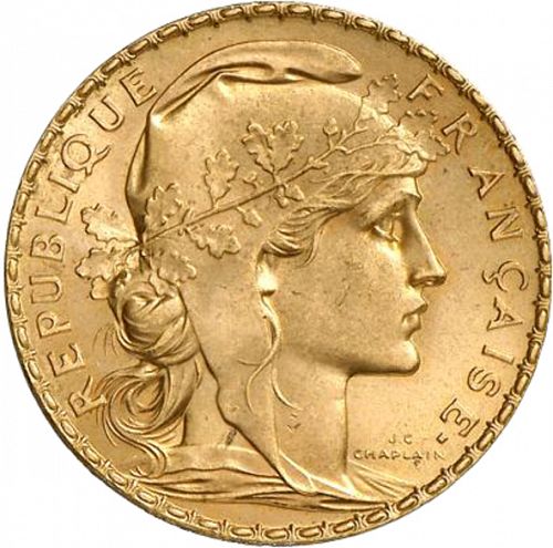 20 Francs Obverse Image minted in FRANCE in 1907 (1871-1940 - Third Republic)  - The Coin Database