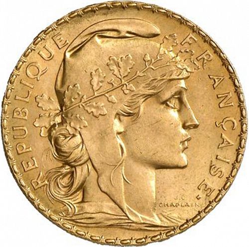 20 Francs Obverse Image minted in FRANCE in 1908 (1871-1940 - Third Republic)  - The Coin Database