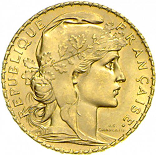20 Francs Obverse Image minted in FRANCE in 1909 (1871-1940 - Third Republic)  - The Coin Database