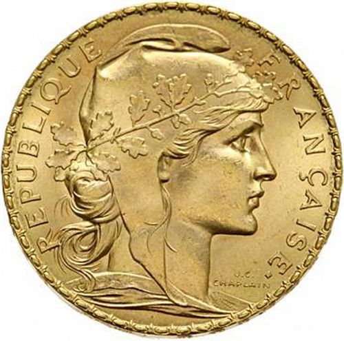 20 Francs Obverse Image minted in FRANCE in 1910 (1871-1940 - Third Republic)  - The Coin Database
