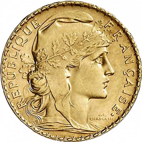 20 Francs Obverse Image minted in FRANCE in 1911 (1871-1940 - Third Republic)  - The Coin Database