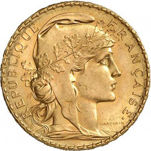 20 Francs Obverse Image minted in FRANCE in 1912 (1871-1940 - Third Republic)  - The Coin Database