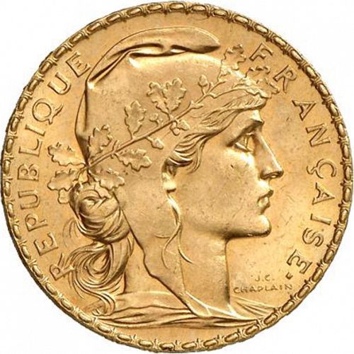 20 Francs Obverse Image minted in FRANCE in 1913 (1871-1940 - Third Republic)  - The Coin Database