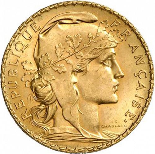 20 Francs Obverse Image minted in FRANCE in 1914 (1871-1940 - Third Republic)  - The Coin Database