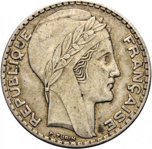 20 Francs Obverse Image minted in FRANCE in 1938 (1871-1940 - Third Republic)  - The Coin Database