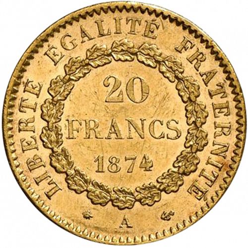 20 Francs Reverse Image minted in FRANCE in 1874A (1871-1940 - Third Republic)  - The Coin Database