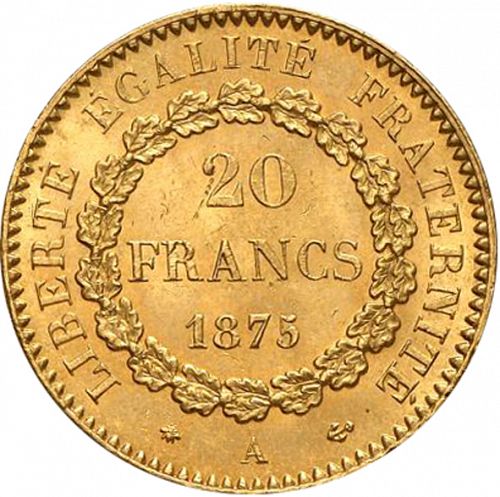 20 Francs Reverse Image minted in FRANCE in 1875A (1871-1940 - Third Republic)  - The Coin Database