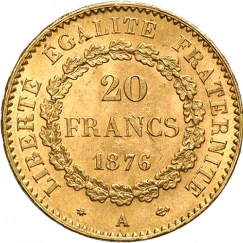 20 Francs Reverse Image minted in FRANCE in 1876A (1871-1940 - Third Republic)  - The Coin Database