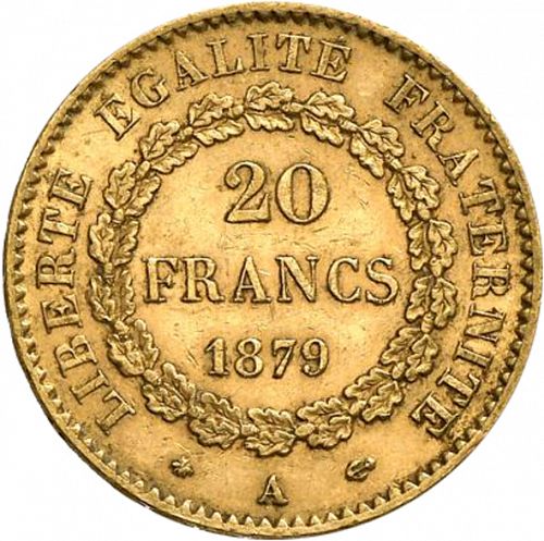 20 Francs Reverse Image minted in FRANCE in 1879A (1871-1940 - Third Republic)  - The Coin Database