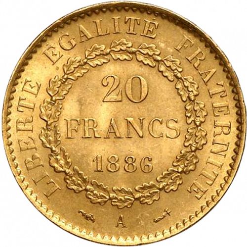 20 Francs Reverse Image minted in FRANCE in 1886A (1871-1940 - Third Republic)  - The Coin Database
