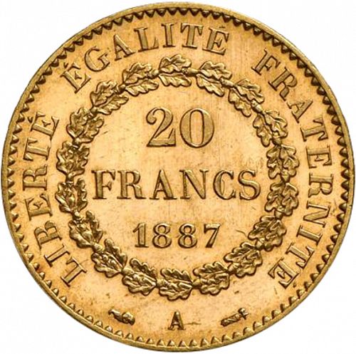 20 Francs Reverse Image minted in FRANCE in 1887A (1871-1940 - Third Republic)  - The Coin Database