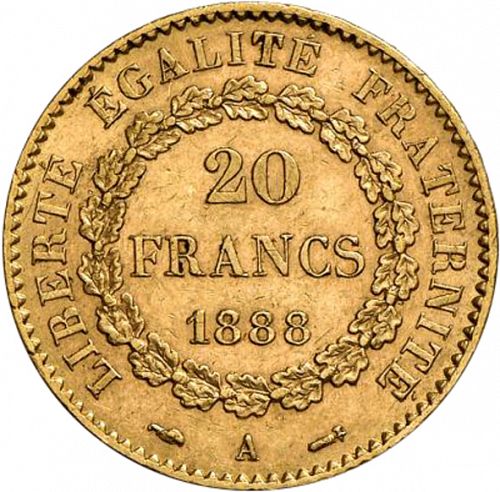 20 Francs Reverse Image minted in FRANCE in 1888A (1871-1940 - Third Republic)  - The Coin Database