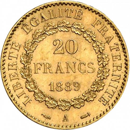 20 Francs Reverse Image minted in FRANCE in 1889A (1871-1940 - Third Republic)  - The Coin Database