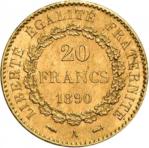 20 Francs Reverse Image minted in FRANCE in 1890A (1871-1940 - Third Republic)  - The Coin Database