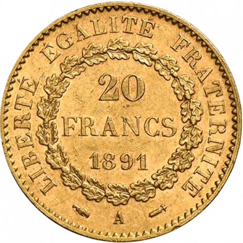 20 Francs Reverse Image minted in FRANCE in 1891A (1871-1940 - Third Republic)  - The Coin Database