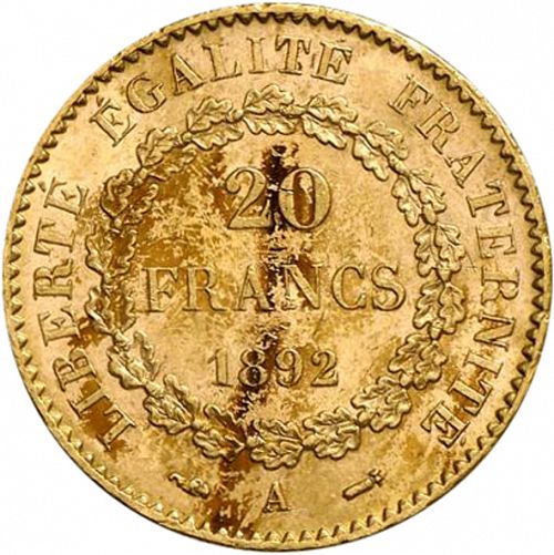 20 Francs Reverse Image minted in FRANCE in 1892A (1871-1940 - Third Republic)  - The Coin Database