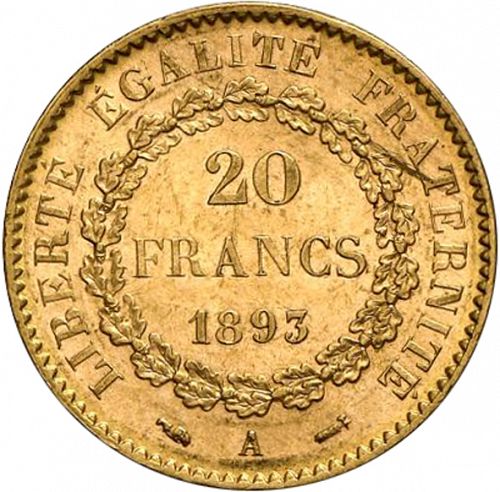 20 Francs Reverse Image minted in FRANCE in 1893A (1871-1940 - Third Republic)  - The Coin Database