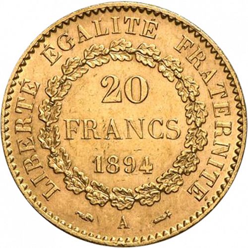 20 Francs Reverse Image minted in FRANCE in 1894A (1871-1940 - Third Republic)  - The Coin Database