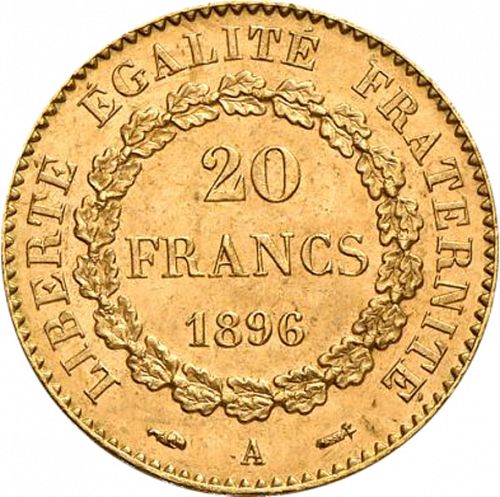20 Francs Reverse Image minted in FRANCE in 1896A (1871-1940 - Third Republic)  - The Coin Database