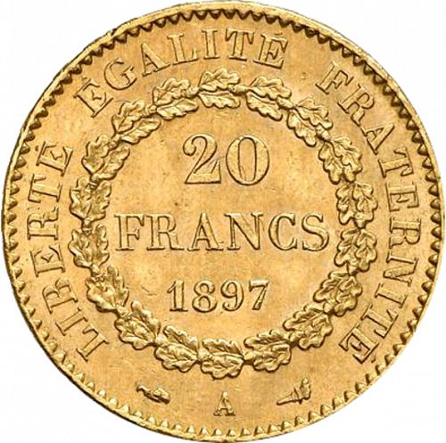 20 Francs Reverse Image minted in FRANCE in 1897A (1871-1940 - Third Republic)  - The Coin Database
