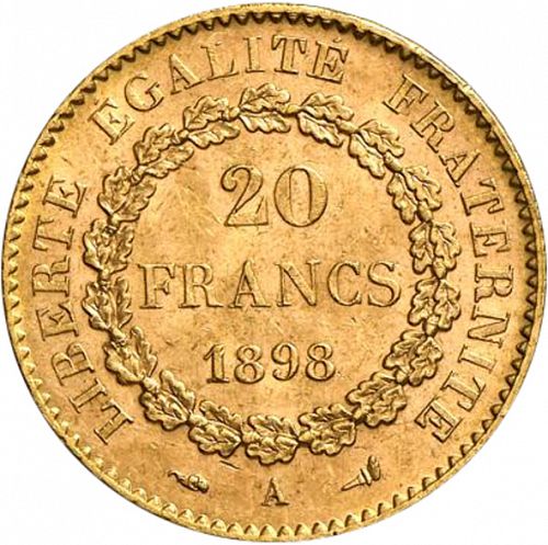 20 Francs Reverse Image minted in FRANCE in 1898A (1871-1940 - Third Republic)  - The Coin Database