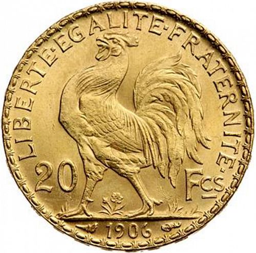 20 Francs Reverse Image minted in FRANCE in 1906 (1871-1940 - Third Republic)  - The Coin Database