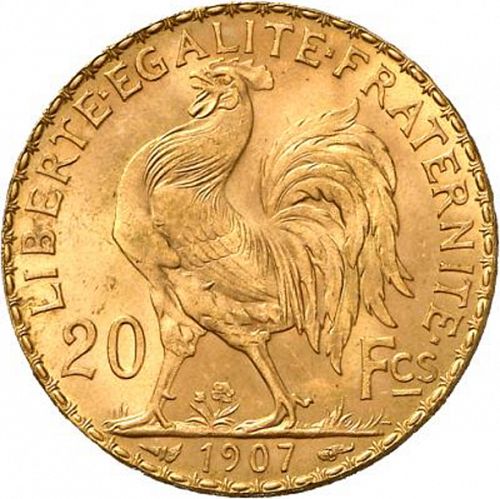 20 Francs Reverse Image minted in FRANCE in 1907 (1871-1940 - Third Republic)  - The Coin Database