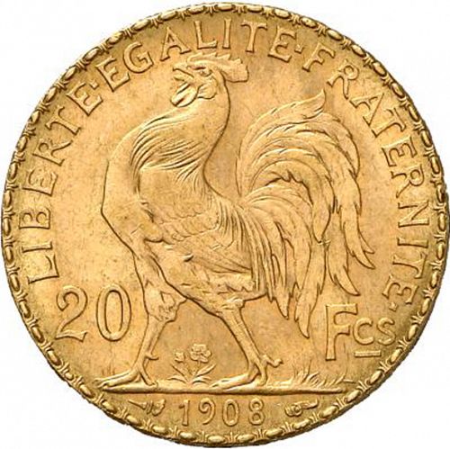 20 Francs Reverse Image minted in FRANCE in 1908 (1871-1940 - Third Republic)  - The Coin Database