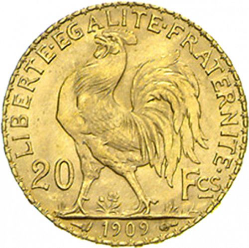 20 Francs Reverse Image minted in FRANCE in 1909 (1871-1940 - Third Republic)  - The Coin Database