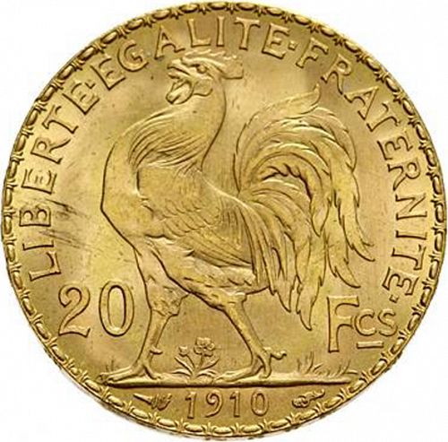 20 Francs Reverse Image minted in FRANCE in 1910 (1871-1940 - Third Republic)  - The Coin Database