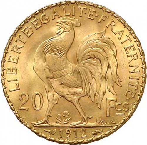 20 Francs Reverse Image minted in FRANCE in 1912 (1871-1940 - Third Republic)  - The Coin Database