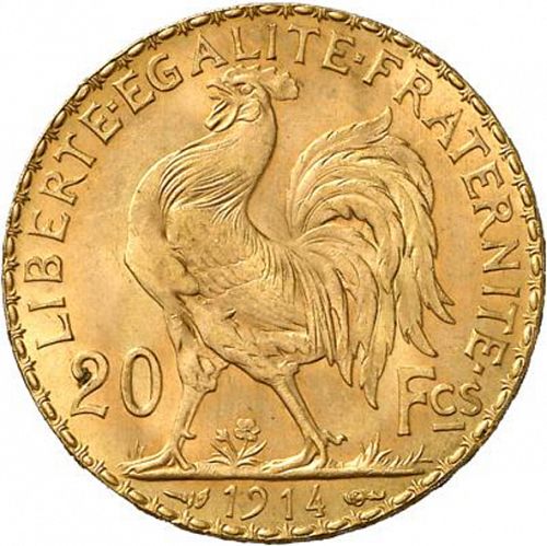 20 Francs Reverse Image minted in FRANCE in 1914 (1871-1940 - Third Republic)  - The Coin Database