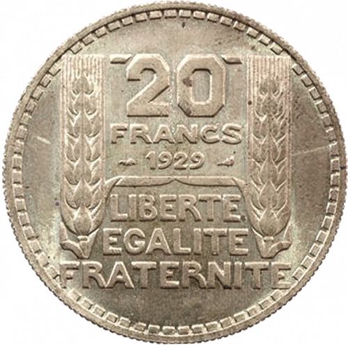 20 Francs Reverse Image minted in FRANCE in 1929 (1871-1940 - Third Republic)  - The Coin Database