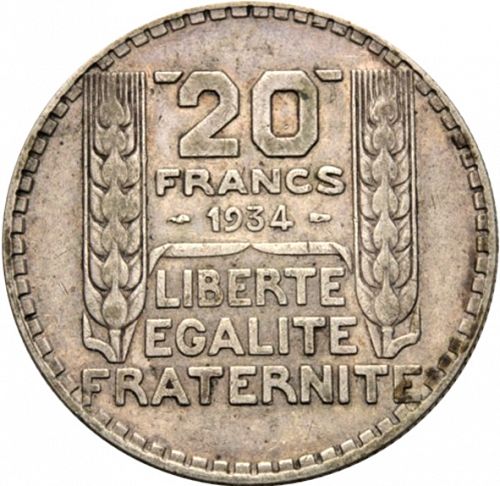 20 Francs Reverse Image minted in FRANCE in 1934 (1871-1940 - Third Republic)  - The Coin Database