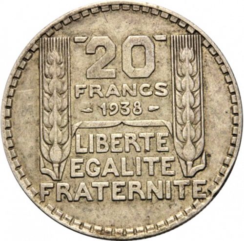 20 Francs Reverse Image minted in FRANCE in 1938 (1871-1940 - Third Republic)  - The Coin Database