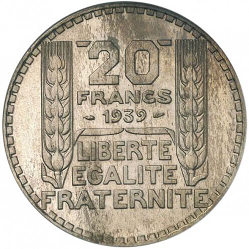 20 Francs Reverse Image minted in FRANCE in 1939 (1871-1940 - Third Republic)  - The Coin Database