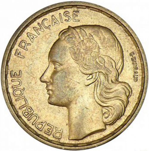 20 Francs Obverse Image minted in FRANCE in 1954B (1947-1958 - Fourth Republic)  - The Coin Database