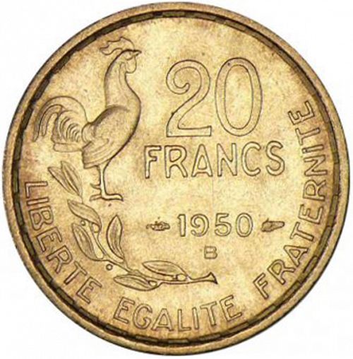 20 Francs Reverse Image minted in FRANCE in 1950B (1947-1958 - Fourth Republic)  - The Coin Database
