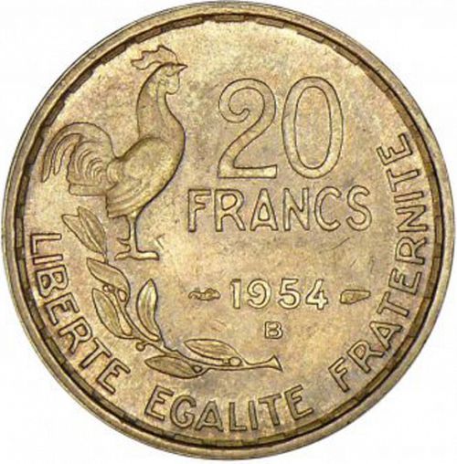 20 Francs Reverse Image minted in FRANCE in 1954B (1947-1958 - Fourth Republic)  - The Coin Database