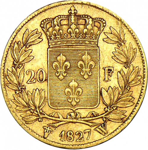 20 Francs Reverse Image minted in FRANCE in 1827W (1824-1830 - Charles X)  - The Coin Database