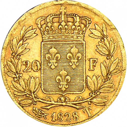 20 Francs Reverse Image minted in FRANCE in 1828T (1824-1830 - Charles X)  - The Coin Database