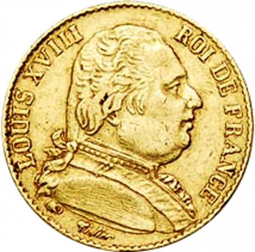 20 Francs Obverse Image minted in FRANCE in 1814Q (1814-1824 - Louis XVIII)  - The Coin Database