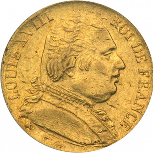 20 Francs Obverse Image minted in FRANCE in 1815K (1814-1824 - Louis XVIII)  - The Coin Database