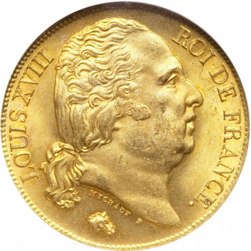 20 Francs Obverse Image minted in FRANCE in 1818A (1814-1824 - Louis XVIII)  - The Coin Database