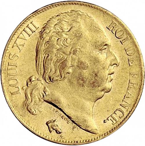 20 Francs Obverse Image minted in FRANCE in 1818W (1814-1824 - Louis XVIII)  - The Coin Database