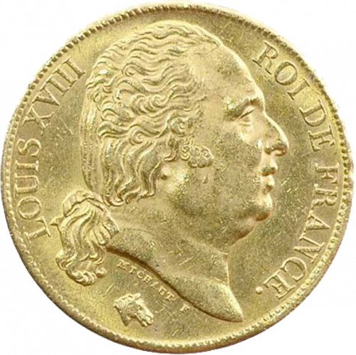 20 Francs Obverse Image minted in FRANCE in 1820A (1814-1824 - Louis XVIII)  - The Coin Database