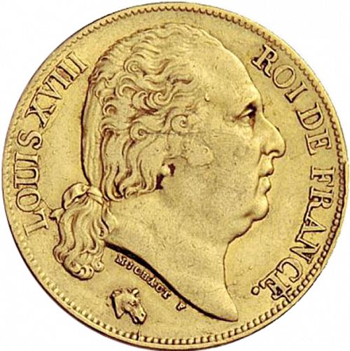 20 Francs Obverse Image minted in FRANCE in 1822A (1814-1824 - Louis XVIII)  - The Coin Database
