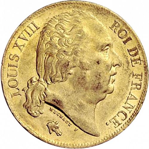 20 Francs Obverse Image minted in FRANCE in 1824W (1814-1824 - Louis XVIII)  - The Coin Database