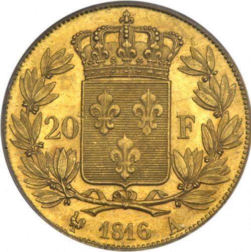 20 Francs Reverse Image minted in FRANCE in 1816A (1814-1824 - Louis XVIII)  - The Coin Database